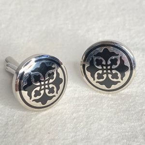 💎Round Cufflinks Black Enamel On Silver Tone Metal Flowery Geo Abstract Design